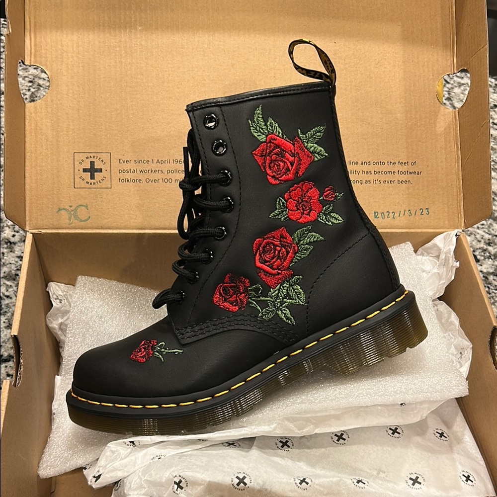 Dr. Martens Black and Red Combat Boots with Floral Embroidery
